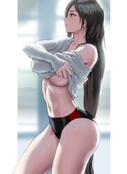  black_hair black_panties blurry blurry_background breasts clothes_lift crossed_arms dangle_earrings earrings female final_fantasy final_fantasy_vii final_fantasy_vii_remake infi jewelry large_breasts lifting_own_clothes long_hair navel panties parted_lips pillarboxed red_eyes single_bare_shoulder solo stomach sweater sweater_lift thighs tifa_lockhart toned underboob underwear undressing very_long_hair white_sweater 