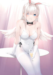  absurdres alcohol angel_wings animal_ears bare_shoulders black_bow black_bowtie blue_eyes bow bowtie champagne champagne_flute collarbone commentary_request cup drinking_glass feathered_wings female grin hair_over_one_eye hairband hashiko_nowoto highres holding holding_cup leotard light_brown_hair long_hair looking_at_viewer original pantyhose playboy_bunny rabbit_ears sitting smile solo table thighband_pantyhose white_hairband white_leotard white_pantyhose white_wings wings 