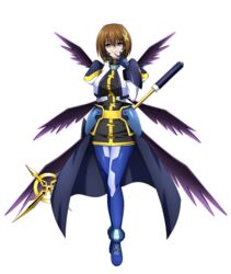  absurdres arm_behind_back blue_eyes bright_pupils brown_hair commission evil_grin evil_smile eyebrows_hidden_by_hair female full_body gloves grin hair_between_eyes hair_ornament highres hip_armor long_sleeves looking_at_viewer lyrical_nanoha mahou_shoujo_lyrical_nanoha_strikers multiple_wings numbers&#039;_uniform oshimaru026 pixiv_commission puffy_sleeves schwertkreuz short_hair simple_background skirt smile solo staff waist_cape white_background white_pupils wings x_hair_ornament yagami_hayate 