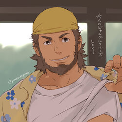  1boy aged_up ano_hi_mita_hana_no_namae_wo_bokutachi_wa_mada_shiranai. bandana bara beard facial_hair full_beard hisakawa_tetsudou lifting_own_clothes looking_at_viewer male_focus mature_male paid_reward_available seductive_smile short_hair smile solo thick_beard thick_eyebrows underpec upper_body yellow_bandana yumesukeyume 