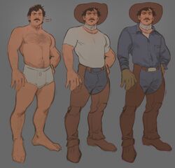  1boy absurdres arm_hair bara beard boxers bulge chest_hair cowboy_(enri) cowboy_hat cowboy_western crotchless crotchless_pants enri_(ceinordraws) facial_hair full_body hairy hat highres leg_hair looking_at_viewer male_focus male_underwear mature_male meme moustache multiple_views muscular muscular_male navel navel_hair nipples original pants pectorals pride_flag_question_mark_(meme) reference_sheet shirt short_hair standing stomach t-shirt thick_beard thick_chest_hair thick_eyebrows thick_mustache topless_male underwear white_male_underwear 