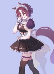  alternate_costume animal_ears black_dress black_garter_straps black_thighhighs blue_background breasts brown_hair cleavage commentary_request criss-cross_halter dress enmaided eyepatch female garter_straps hair_between_eyes halterneck highres horse_ears horse_girl horse_tail maid maid_headdress medium_breasts medium_hair mmm_(mmm623) multicolored_hair puffy_short_sleeves puffy_sleeves short_sleeves simple_background solo streaked_hair tail tanino_gimlet_(umamusume) thigh_strap thighhighs twitter_username umamusume white_hair yellow_eyes 