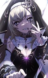  black_dress black_tears black_veil blonde_hair blue_eyes celestine_(letmebid) chains commission detached_sleeves dress female grin highres long_hair nakatoki_itsuki nun original skeb_commission smile solo veil white_sleeves 