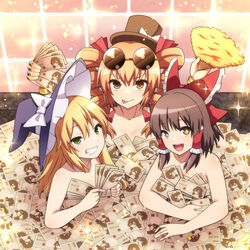  3girls album_cover banknote blonde_hair bow brown_hair comiket_103 cover drill_hair eyewear_on_head frilled_bow frills green_eyes grin hakurei_reimu hand_fan hat hat_bow holding holding_fan holding_money jeno kachimakuri_motemakuri_(meme) kirisame_marisa looking_at_viewer meme mini_hat mini_top_hat money money_bath multiple_girls open_mouth orange_hair red_bow round_eyewear smile teeth tongue tongue_out top_hat touhou twin_drills upper_body witch_hat yorigami_jo&#039;on yorigami_shion 