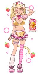  absurdres animal_ears arm_up asymmetrical_legwear bikini bikini_top_only blonde_hair breasts can candy cat_ears chupa_chups cleavage comiket_103 commentary_request drink_can female food frilled_skirt frills fruit full_body hair_ornament hat heart heart_hair_ornament highres horizontal-striped_thighhighs korean_text large_breasts long_hair looking_at_viewer loose_socks miniskirt mole mole_on_breast navel neckerchief one_eye_closed original pink_eyes pink_footwear pink_nails pink_neckerchief salute shoes shrug_(clothing) single_thighhigh skirt smile sneakers socks soda soda_can solo star_(symbol) star_hair_ornament strawberry striped_clothes striped_thighhighs swimsuit thigh_strap thighhighs twintails white_background wrist_cuffs yeun 