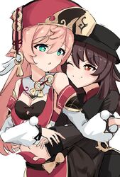  2girls :o ;) absurdres bare_shoulders black_headwear black_shirt blush breasts cleavage commentary_request crop_top day_mello detached_sleeves genshin_impact green_eyes highres hu_tao_(genshin_impact) long_hair long_sleeves midriff multiple_girls navel one_eye_closed parted_lips pink_hair pom_pom_(clothes) red_headwear shirt smile stomach upper_body very_long_hair white_background yanfei_(genshin_impact) 