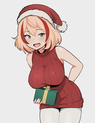  :d absurdres azur_lane blonde_hair breasts cowboy_shot dress female gift grey_eyes hat highres holding holding_gift large_breasts leaning_forward medium_hair multicolored_hair pantyhose parallelrey red_hair red_sweater roon_(azur_lane) santa_hat simple_background sleeveless sleeveless_sweater smile solo standing streaked_hair sweater sweater_dress white_background white_pantyhose 