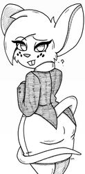  2023 absurd_res anthro ass big_ears black_and_white bottomwear buckteeth cheek_tuft clothing eye_through_hair eyebrow_through_hair eyebrows eyelashes eyelashes_through_hair facial_tuft female freckles fur fur_tuft furgonomics hair hi_res inkyneko jacket line_art long_tail looking_at_viewer looking_back looking_back_at_viewer mammal mia_mouse monochrome mouse mouse_ears mouse_tail murid murine no_pupils office_lady pen_(artwork) pencil_skirt portrait question_mark rear_view rodent round_ears simple_background skirt solo tail tail_around_legs tail_around_self tail_through_skirt teeth three-quarter_portrait three-quarter_view topwear traditional_media_(artwork) translucent translucent_hair tuft white_background 