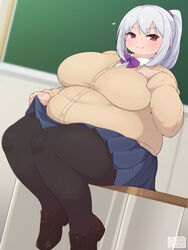  black_pantyhose blue_skirt blurry blurry_background blush bow breasts brown_footwear buttons chalkboard closed_mouth commentary_request commission fat feet_out_of_frame female grey_hair hair_between_eyes heart heo_(tkgm) highres huge_breasts lifting_own_clothes long_hair long_sleeves looking_at_viewer original pantyhose pleated_skirt ponytail purple_bow red_eyes shoes sitting skeb_commission skirt smile solo split_mouth thick_thighs thighs wing_collar 