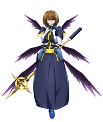  absurdres arm_behind_back blue_eyes bright_pupils brown_hair commission evil_grin evil_smile eyebrows_hidden_by_hair female full_body gloves grin hair_between_eyes hair_ornament highres hip_armor long_skirt long_sleeves looking_at_viewer lyrical_nanoha mahou_shoujo_lyrical_nanoha_strikers multiple_wings numbers&#039;_uniform oshimaru026 pixiv_commission puffy_sleeves schwertkreuz short_hair simple_background skirt smile solo staff waist_cape white_background white_pupils wings x_hair_ornament yagami_hayate 