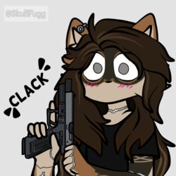  1:1 2023 anthro black_body black_fur blush blush_lines brown_body brown_fur canid canine canis cocking_gun cybernetics digital_media_(artwork) female fur gun handgun holding_gun holding_handgun holding_object holding_pistol holding_ranged_weapon holding_weapon jackal looking_at_viewer machine mammal novaduskpaw pistol ranged_weapon reaction_image simple_background skullfugg solo trigger_discipline vanessa_black weapon white_background white_body white_fur 