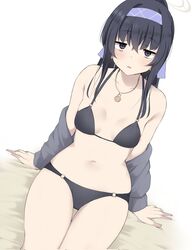  bags_under_eyes bikini black_bikini black_hair blue_archive blush breasts cardigan collarbone commentary_request crossed_bangs female grey_cardigan hair_between_eyes hairband halo highres jewelry long_hair long_sleeves looking_at_viewer navel necklace official_alternate_costume parted_lips ponytail purple_eyes purple_hairband small_breasts solo swimsuit ui_(blue_archive) ui_(swimsuit)_(blue_archive) winter_(winterinkoakuma) 