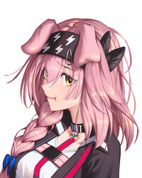  animal_ears arknights black_choker black_hairband black_jacket bowlp braid cat_ears choker commentary_request female goldenglow_(arknights) hairband highres jacket long_hair pink_hair shirt simple_background single_braid solo upper_body white_background white_shirt yellow_eyes 