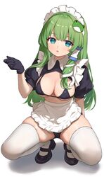  absurdres alternate_costume apron bikini black_bikini black_footwear black_gloves breasts commentary_request enmaided fanteam female frilled_apron frills frog_hair_ornament full_body gloves green_eyes green_hair hair_ornament hair_tubes highres kochiya_sanae large_breasts long_hair looking_at_viewer maid maid_apron maid_bikini maid_headdress open_mouth puffy_short_sleeves puffy_sleeves shoes short_sleeves simple_background snake_hair_ornament solo squatting swimsuit thighhighs touhou unconventional_maid waist_apron white_apron white_background white_thighhighs 