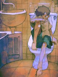  1boy 2ru4shi bandage_over_one_eye bandages barefoot blood blood_on_face brown_hair child_abuse commentary cuts green_shorts highres injury lolicon looking_at_viewer male_focus original shorts sink sitting symbol-only_commentary tile_floor tile_wall tiles toes toilet yellow_eyes 