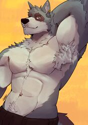  absurd_res anthro armpit_hair body_hair canid canine canis ear_piercing fur gon_arts grey_body grey_fur hi_res looking_at_viewer male mammal navel password_(visual_novel) pecs piercing solo tyson_(password) wolf 