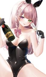  animal_ears bad_id bad_twitter_id black_gloves black_leotard bottle braid breasts copyright_request cup drinking_glass fake_animal_ears female gloves green_eyes heterochromia highres holding holding_bottle holding_cup leotard long_hair medium_breasts ohagetty pink_hair playboy_bunny purple_eyes rabbit_ears side_braid solo strapless strapless_leotard swept_bangs wine_bottle wine_glass 