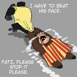  angry anthro ape bear billy_bob_brockali bodily_fluids brown_bear brown_body brown_fur clothed clothing colored countershading creative_engineering_incorporated crying digital_media_(artwork) duo english_text fatz_geronimo_(character) fur gorilla grizzly_bear haplorhine hi_res kotobuki529 male mammal overweight overweight_anthro overweight_male primate shirt showbiz_pizza_place simple_background tears text the_rock-afire_explosion topwear ursine white_background 