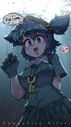  arm_behind_back backpack bag blue_eyes blue_gloves blue_hair blue_shirt carte character_name covered_nipples english_text female gloves hair_bobbles hair_ornament hat heart jewelry kawashiro_nitori key key_necklace looking_at_viewer necklace open_mouth shirt short_sleeves skirt solo speech_bubble touhou twintails two_side_up underwater 