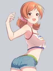  armpits ass bare_shoulders belt blush breasts brown_eyes brown_hair chelle_ingham cleavage collarbone cowboy_shot crop_top cropped_shirt denim denim_shorts dot_nose female flying_sweatdrops from_behind green_belt grey_background hair_ornament hair_scrunchie hand_up highres idolmaster idolmaster_cinderella_girls idolmaster_cinderella_girls_starlight_stage komatsu_ibuki large_breasts looking_at_viewer looking_back low_twintails midriff open_mouth outstretched_arm pink_scrunchie print_shirt scrunchie shirt short_hair short_shorts shorts simple_background sleeveless sleeveless_shirt smile solo standing sweatdrop text_print twintails v-shaped_eyebrows white_shirt 