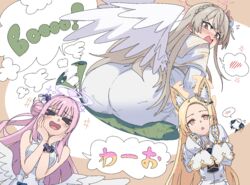  &gt;_&lt; 3girls angel_wings animal ass bare_shoulders bird blonde_hair blue_archive blush brown_eyes detached_sleeves dress feathered_wings flower hair_flower hair_ornament light_brown_hair long_hair mika_(blue_archive) momomatang multiple_girls nagisa_(blue_archive) open_mouth pink_flower pink_hair purple_flower seia_(blue_archive) sleeves_past_fingers sleeves_past_wrists smile spoken_blush tea_party_(blue_archive) white_bird white_dress white_wings wings yellow_eyes 