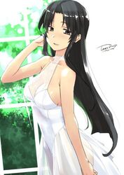  arm_at_side artist_name bare_shoulders black_hair breasts brown_eyes cleavage dress female from_side hand_in_own_hair kashiwagi_chizuru kizuato long_hair looking_at_viewer parted_bangs parted_lips see-through see-through_cleavage see-through_dress sideboob sidelocks solo tsuina turtleneck turtleneck_dress upper_body vegetation white_dress window 