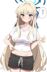  absurdres alternate_costume black_shorts blonde_hair blue_archive blue_eyes blue_hair blue_halo blush braid breasts closed_mouth collarbone commentary covered_navel cowboy_shot female groin halo highres long_hair looking_down medium_breasts multicolored_hair shirt short_sleeves shorts simple_background solo streaked_hair suiroh_(shideoukami) thought_bubble toki_(blue_archive) white_background white_shirt 