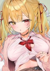  black_choker blonde_hair blurry blurry_background blush bow bowtie breasts brown_cardigan button_gap buttons cardigan choker collared_shirt commentary_request double-breasted double-parted_bangs female hair_between_eyes hair_ribbon heterochromia highres hoshikawa_sara hoshikawa_sara_(4th_costume) itohana large_breasts looking_at_viewer midriff_peek navel nijisanji official_alternate_costume official_alternate_hairstyle open_cardigan open_clothes open_mouth red_bow red_bowtie red_eyes red_ribbon ribbon shirt solo sweat twintails upper_body virtual_youtuber white_shirt yellow_eyes 