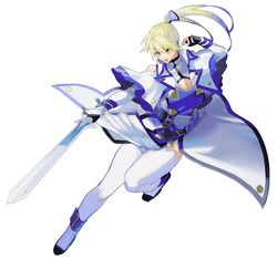  absurdres alternate_color bare_shoulders belt blonde_hair breasts cleavage cleavage_cutout clothing_cutout english_text female fingerless_gloves full_body genderswap_(mtf) gloves guilty_gear guilty_gear_xrd hair_between_eyes highres holding holding_sword holding_weapon ky_kiske kyko large_breasts long_hair magnolia_eclair_ii open_mouth ponytail rule_63 simple_background solo sword thighhighs uonomesabu weapon white_background white_gloves white_thighhighs 