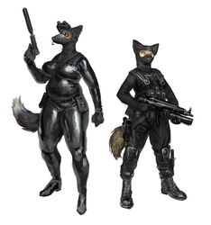  2023 anthro balaclava black_clothing boots bottomwear canid canine cettus clothed clothing duo explosives female fist footwear fox fully_clothed grenade gun handgun hi_res holding_gun holding_handgun holding_object holding_pistol holding_ranged_weapon holding_weapon holster jacqueline_feraud knee_pads mammal mask military night_vision_goggles pants pistol pose ranged_weapon shirt shoes silencer simple_background skinsuit slightly_chubby slightly_chubby_anthro slightly_chubby_female soldier standing submachine_gun tail tight_clothing topwear underbarrel_grenade_launcher warrior weapon white_background 