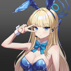  animal_ears bare_shoulders blonde_hair blue_archive blue_bow blue_bowtie blue_eyes blue_hair blue_halo blue_leotard bow bowtie braid breasts cleavage collar commentary detached_collar fake_animal_ears female half_up_braid halo headset kelinch1 leotard long_hair looking_at_viewer medium_breasts multicolored_hair official_alternate_costume playboy_bunny rabbit_ears solo strapless strapless_leotard streaked_hair toki_(blue_archive) toki_(bunny)_(blue_archive) v_over_eye white_collar white_wrist_cuffs wrist_cuffs 