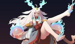  absurdres ahoge bare_legs bare_shoulders barefoot blue_fire burning_clothes detached_sleeves duel_monster feet female fiery_horns fire full_body gradient_background highres horns japanese_clothes kabanoki knees_together_feet_apart kurikara_divincarnate leg_up legs long_hair long_sleeves mirror obi pink_hair red_eyes sash soles solo toenails toes wide_sleeves yu-gi-oh! 