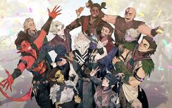  5boys 5girls armor astarion bald baldur&#039;s_gate baldur&#039;s_gate_3 biantaishi1 boo_(baldur&#039;s_gate) broken_horn colored_skin commentary confetti crossed_arms dark-skinned_male dark_elf dark_skin demon_girl demon_horns demon_tail dragon_boy dungeons_&amp;_dragons elf english_commentary everyone facial_tattoo gale_(baldur&#039;s_gate) gith_(dungeons_&amp;_dragons) halsin highres horns jaheira karlach lae&#039;zel minsc minthara multiple_boys multiple_girls outstretched_arms pointy_ears red_skin shadowheart_(baldur&#039;s_gate) smile tail tattoo the_dark_urge_(baldur&#039;s_gate) the_game_awards tiefling vampire very_dark_skin wyll_(baldur&#039;s_gate) 