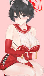  absurdres animal_ears bare_legs bare_shoulders black_eyes black_hair blue_archive blush breast_curtain breasts collar detached_sleeves elbow_gloves female gloves hair_between_eyes halo highres large_breasts looking_at_viewer parted_lips pink_background raccoon_ears red_gloves red_halo red_sailor_collar red_skirt revealing_clothes rope rope_belt sailor_collar school_uniform serafuku shimenawa short_hair sideboob sideless_outfit simple_background sitting skirt solo sweat tassel thighs tsubaki_(blue_archive) turning_head wennananyan 