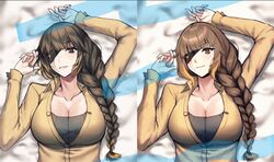  breasts brown_eyes brown_hair eyepatch female girls&#039;_frontline large_breasts long_hair looking_at_viewer lying m16a1_(girls&#039;_frontline) multiple_views scar shirt smile third-party_source xanax025 yellow_shirt 