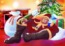  1boy abs alternate_costume bara beard boots bottle bulge christmas christmas_tree dark-skinned_male dark_skin facial_hair fate/zero fate_(series) full_beard full_body genta_iwayama hat iskandar_(fate) leather leather_boots male_focus mature_male muscular muscular_male red_eyes red_hair red_hat sack santa_costume santa_hat short_hair smile solo spread_legs thick_beard thick_eyebrows thick_thighs thighs wine_bottle 