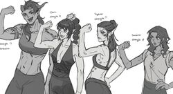  4girls baldur&#039;s_gate baldur&#039;s_gate_3 braid breasts cleavage commentary crop_top curly_hair demon_girl demon_horns dungeons_&amp;_dragons elf english_commentary english_text flexing gith_(dungeons_&amp;_dragons) greyscale hand_on_own_hip high_ponytail horns karlach lae&#039;zel long_hair midriff monochrome multi-tied_hair multiple_girls muscular muscular_female navel pointy_ears shadowheart_(baldur&#039;s_gate) standing tav_(baldur&#039;s_gate) tiefling yukinnn 