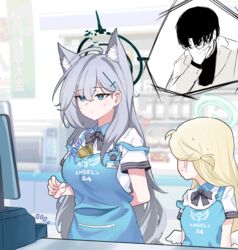  1boy 2girls ahoge angel&#039;s_24_uniform_(blue_archive) animal_ear_fluff animal_ears apron arm_behind_back banknote blue_apron blue_archive blush breasts commentary_request convenience_store covering_face extra_ears grey_hair halo highres korean_commentary large_breasts long_hair looking_at_another money multiple_girls sensei_(blue_archive) shiroko_(blue_archive) shiroko_terror_(blue_archive) shop short_sleeves skyrain315 sora_(blue_archive) sweatdrop theft very_long_hair white_wings wings wolf_ears 