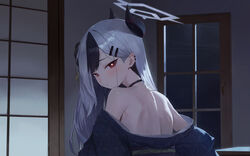  absurdres back back_focus bare_shoulders black_hair black_horns black_kimono blue_archive blush closed_mouth commentary_request commission demon_horns door female from_behind grey_hair grey_halo halo highres horns indoors japanese_clothes kayoko_(blue_archive) kayoko_(new_year)_(blue_archive) kimono long_hair looking_at_viewer looking_back obi official_alternate_costume partial_commentary red_eyes sash shouji skeb_commission sliding_doors solo toi1et_paper upper_body 