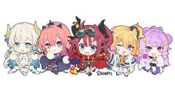  5girls :q animal_ears bandaid bandaid_on_leg bell bird black_dress black_horns black_thighhighs blonde_hair blue_eyes bow breasts brown_footwear center_opening chibi coat cow_girl cow_horns dragon_girl dress eimi_isami fire goggles goggles_on_head grey_hair hamster_ears hamster_girl high-low_skirt hikanari_hina horns jacket lab_coat lineup long_hair multicolored_hair multiple_girls muu_muyu n4391 navel neck_bell one_eye_closed open_mouth orange_bow phase_connect phase_euphoria phone pink_eyes pink_hair potion purple_eyes purple_footwear purple_hair red_hair red_jacket runie_ruse saya_sairroxs selfie simple_background sleeves_past_fingers sleeves_past_wrists streaked_hair thighhighs tiara tongue tongue_out twitter_username vial virtual_youtuber white_background white_coat white_hair white_thighhighs wing_hair_ornament 