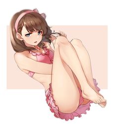  ass bare_legs barefoot bikini breasts brown_hair feet female frilled_bikini frills hairband highres idolmaster idolmaster_cinderella_girls kakaobataa knees_up legs legs_folded looking_at_viewer pink_bikini pink_hairband sakuma_mayu simple_background small_breasts solo swimsuit toenails toes two-tone_background 