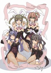  4girls absurdres adapted_costume amamiya_sophia_seren animal_ears arm_behind_head arms_under_breasts arms_up artist_name assault_lily bare_shoulders belt belt_buckle black_hair black_leotard blunt_bangs bow bowtie braid breasts brown_belt brown_hair brown_leotard brown_pantyhose buckle buttons cleavage closed_mouth coattails commentary_request covering_breasts covering_privates detached_collar detached_sleeves fake_animal_ears french_braid fukuyama_jeanne_sachie full_body green_bow green_eyes grey_ribbon groin hair_between_eyes hair_ribbon hairband hairbow hands_up highres kishimoto_lucia_raimu kneeling kuroki_francisca_yuria leotard long_hair long_sleeves looking_ahead looking_at_viewer looking_to_the_side ludvico_private_girls&#039;_academy_school_uniform medium_breasts mole mole_under_mouth multiple_belts multiple_girls naganuki_shiki oerba_yun_fang open_mouth orange_hair pantyhose parted_lips paw_pose pink_bow pink_bowtie pink_eyes pink_ribbon playboy_bunny purple_eyes purple_hair rabbit_ears raised_eyebrows ribbon school_uniform short_hair sidelocks signature sitting smile strapless strapless_leotard twin_braids twintails two-tone_leotard wavy_hair white_background white_hairband yokozuwari 