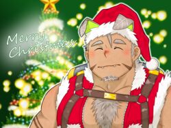  1boy ^_^ animal_ears bara body_fur christmas christmas_tree closed_eyes dark-skinned_male dark_skin dog_boy dog_ears facial_hair fangs goatee gomeisa_(live_a_hero) grey_hair hat highres hiroki_(hirokiin2jigen) large_pectorals live_a_hero male_focus merry_christmas muscular muscular_male official_alternate_costume pectorals red_hat santa_costume santa_hat short_hair solo thick_chest_hair thick_eyebrows unzipped upper_body 