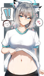  1boy animal_ear_fluff animal_ears blue_archive blue_eyes blue_halo breasts clothes_lift collarbone doodle_sensei_(blue_archive) dress dress_lift female gin_moku grey_hair halo heart highres large_breasts looking_at_viewer medium_hair navel open_mouth sensei_(blue_archive) shiroko_(blue_archive) shirt shirt_lift short_sleeves solo_focus spoken_heart standing sweat white_shirt wolf_ears wolf_girl 