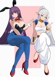  2girls absurdres animal_ears bandeau bare_shoulders black_leotard blue_pantyhose bracelet breasts bulma_(cosplay) bulma_briefs cleavage cosplay crossed_legs dragon_ball dragon_ball_(classic) elf fake_animal_ears fern_(sousou_no_frieren) frieren grin high_heels highres ihsnet jewelry large_breasts leotard long_hair looking_at_viewer medium_breasts multiple_girls pants pantyhose playboy_bunny pointy_ears purple_eyes purple_hair rabbit_ears red_footwear sitting smile sousou_no_frieren strapless strapless_leotard thighs tube_top very_long_hair white_pants 