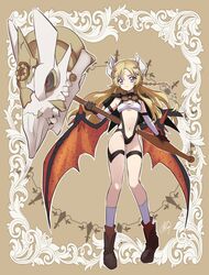  blonde_hair breasts chaya_mago dragon_wings duel_monster ecclesia_(yu-gi-oh!) facial_mark fake_horns female forehead_mark full_body goggles goggles_around_neck hair_down hammer highres holding holding_hammer horns incredible_ecclesia_the_virtuous long_hair low_wings purple_eyes shoes skull slingshot_swimsuit socks solo swimsuit wings yu-gi-oh! 