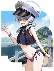  beruko14 bikini black_vest blue_archive blue_bikini blue_halo chains cowboy_shot crossed_bangs cuffs female fingernails flat_chest grey_hair hair_between_eyes halo hat highres long_hair looking_at_viewer nail_polish oerba_yun_fang open_clothes open_mouth open_vest peaked_cap purple_nails shackles solo swimsuit twitter_username valkyrie_police_academy_student_(blue_archive) vest white_hat yellow_eyes 