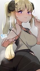  alternate_costume animal_ears ass blonde_hair blush breasts burusuka_(burusuka2525) commentary_request female from_behind highres hip_vent holding_own_tail hololive horns long_hair looking_at_viewer looking_back medium_breasts pantylines purple_eyes sheep_ears sheep_girl sheep_horns sheep_tail shorts solo tail tsunomaki_watame tsunomaki_watame_(amazing_swing) upper_body virtual_youtuber 