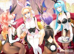  4girls agnes_claudel ahoge animal_ears blonde_hair blunt_bangs braid braided_bun breasts chisarune cleavage_cutout clothing_cutout cocktail cocktail_glass commentary_request couch cup curtained_hair drinking_glass earrings eiyuu_densetsu fake_animal_ears fake_tail feri_al-fayed fishnet_pantyhose fishnets food glass hair_between_eyes hair_bun hime_cut holding holding_tray jewelry judith_ranster kuro_no_kiseki large_breasts leotard long_hair multiple_girls nail_polish on_couch orange_hair pantyhose playboy_bunny rabbit_ears rabbit_tail risette_twinings short_hair single_hair_bun sitting sparkle tail tailcoat_playboy_bunny thighhighs tray wavy_hair 