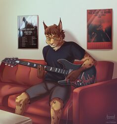  2020 aidan_(sryer) anthro eurasian_lynx felid feline guitar hi_res lollydoom lynx male mammal musical_instrument plucked_string_instrument solo string_instrument yellow_eyes 